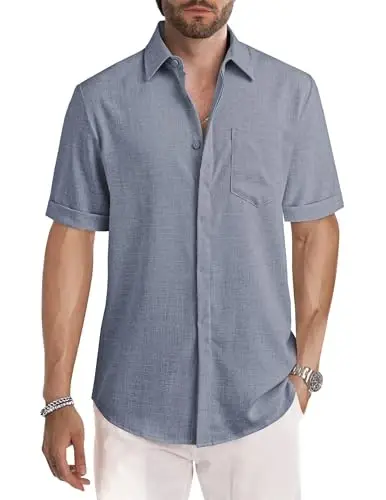JMIERR Men's Casual Stylish Short Sleeve Button-Up Striped Dress Shirts Cotton Beach Shirt - 1