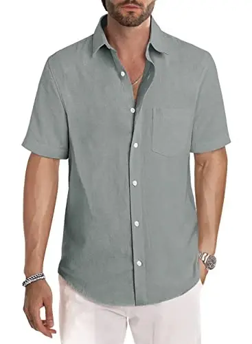 JMIERR Men's Casual Stylish Short Sleeve Button-Up Striped Dress Shirts Cotton Beach Shirt - MODAZONE