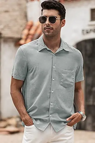 JMIERR Men's Casual Stylish Short Sleeve Button-Up Striped Dress Shirts Cotton Beach Shirt - 4