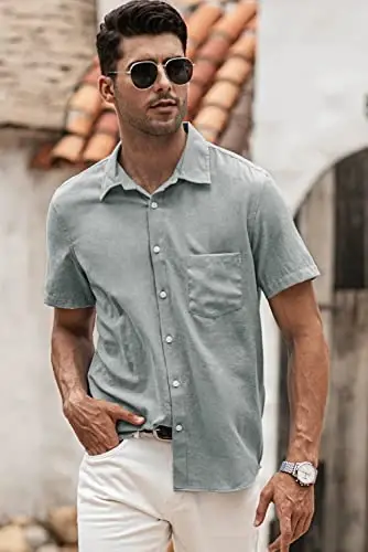 JMIERR Men's Casual Stylish Short Sleeve Button-Up Striped Dress Shirts Cotton Beach Shirt - 5