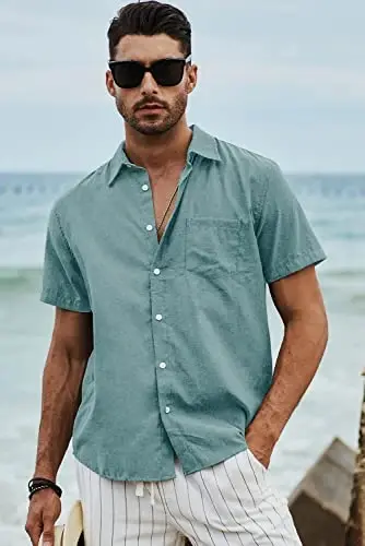 JMIERR Men's Casual Stylish Short Sleeve Button-Up Striped Dress Shirts Cotton Beach Shirt - 4