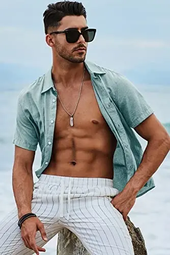 JMIERR Men's Casual Stylish Short Sleeve Button-Up Striped Dress Shirts Cotton Beach Shirt - 6