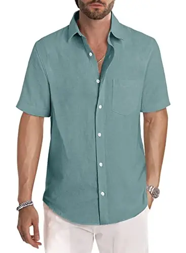 JMIERR Men's Casual Stylish Short Sleeve Button-Up Striped Dress Shirts Cotton Beach Shirt - 1