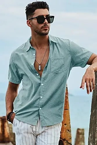 JMIERR Men's Casual Stylish Short Sleeve Button-Up Striped Dress Shirts Cotton Beach Shirt - 5