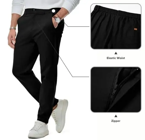 JMIERR Men's Chino Pants Casual Elastic Waist Tapered Golf Trousers - 4