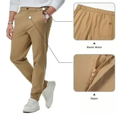 JMIERR Men's Chino Pants Casual Stretch Waist Tapered Trousers with Pockets - 2