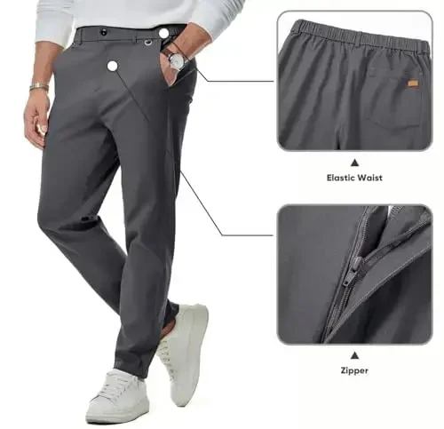 JMIERR Men's Chino Pants Casual Stretch Waist Tapered Trousers with Pockets - 3