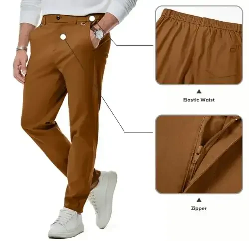 JMIERR Men's Chino Pants Casual Stretch Waist Tapered Trousers with Pockets - 3