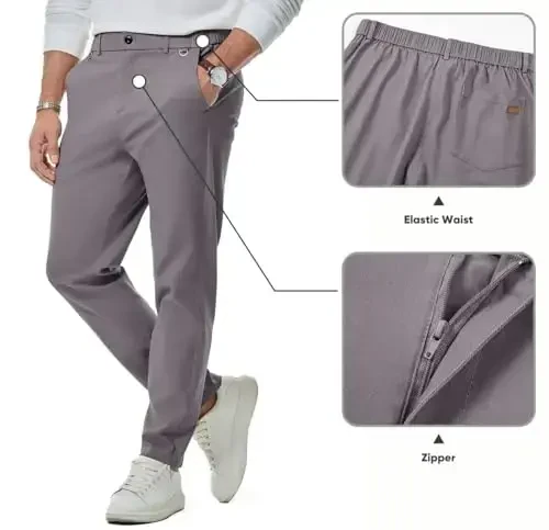 JMIERR Men's Chino Pants Casual Stretch Waist Tapered Trousers with Pockets - 2