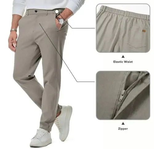 JMIERR Men's Chino Pants Casual Stretch Waist Tapered Trousers with Pockets 