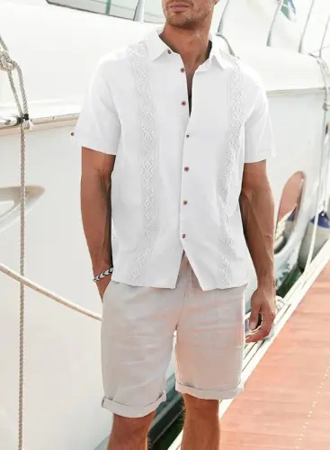JMIERR Mens Cotton Linen Guayabera Shirts Casual Button Up Short Sleeve Summer Beach Shirt - 3