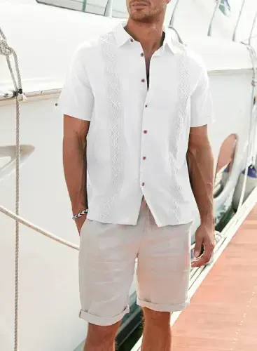 JMIERR Mens Cotton Linen Guayabera Shirts Casual Button Up Short Sleeve Summer Beach Shirt - 3