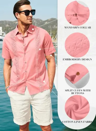 JMIERR Mens Cotton Linen Guayabera Shirts Casual Button Up Short Sleeve Summer Beach Shirt - 4