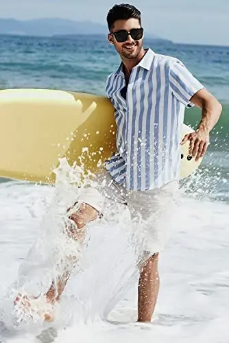 JMIERR Мужские Повседневные Стильные Рубашки с Коротким Рукавом на Пуговицах в Полоску Хлопковые Пляжные Рубашки - 5