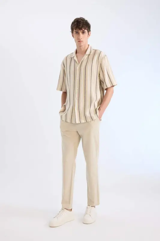 %100 Pamuk Yazlık Jogger Pantolon Dar Paça Beli Bağcıklı Lastikli Cepli Z6475AZ24SP-Bej - 1