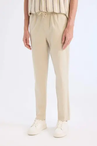 %100 Pamuk Yazlık Jogger Pantolon Dar Paça Beli Bağcıklı Lastikli Cepli Z6475AZ24SP-Bej - 4