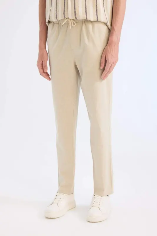 %100 Pamuk Yazlık Jogger Pantolon Dar Paça Beli Bağcıklı Lastikli Cepli Z6475AZ24SP-Bej - 4