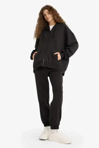 Jogger Elastic Waistband Leg Long Length Thick Sweatpants-Black - 2