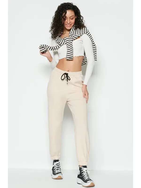 Jogger Elastic Waistband Sports Trousers 806 Cream-Ecru - 3