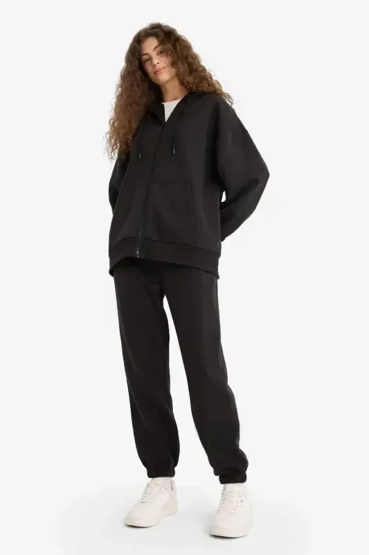 Jogger Elastik belbog'li uzun bo'yli qalin sport shim-qora - 1