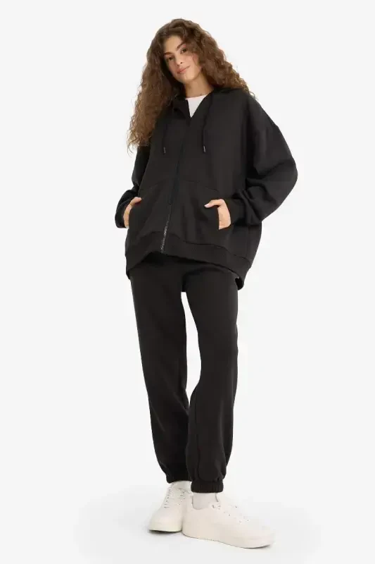 Jogger Elastik belbog'li uzun bo'yli qalin sport shim-qora - 2