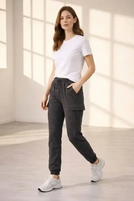 Jogger Eşofman Altı Rahat Kalıp, Kargo Cepli, Lastikli Paça, Günlük Spor Pantolon - Füme - 4