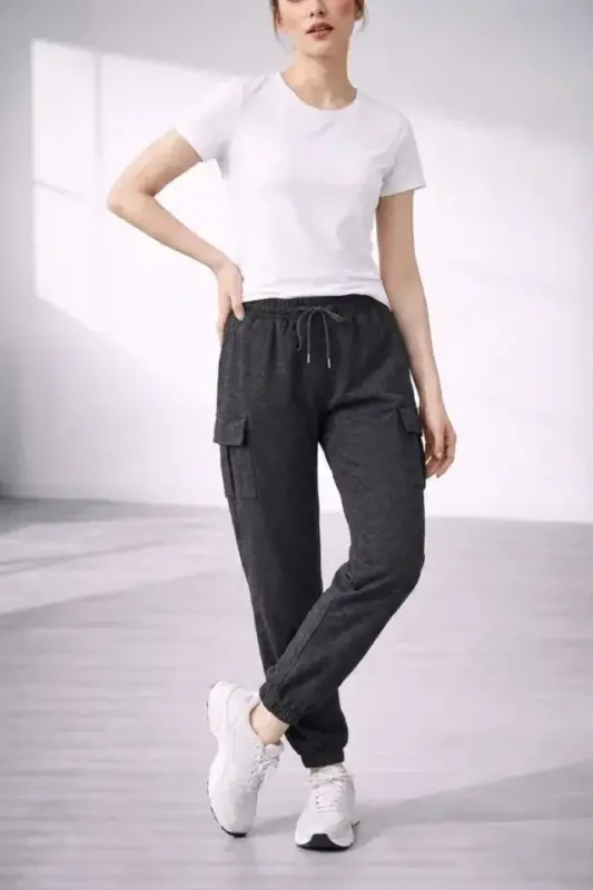 Jogger Eşofman Altı Rahat Kalıp, Kargo Cepli, Lastikli Paça, Günlük Spor Pantolon - Füme - 2