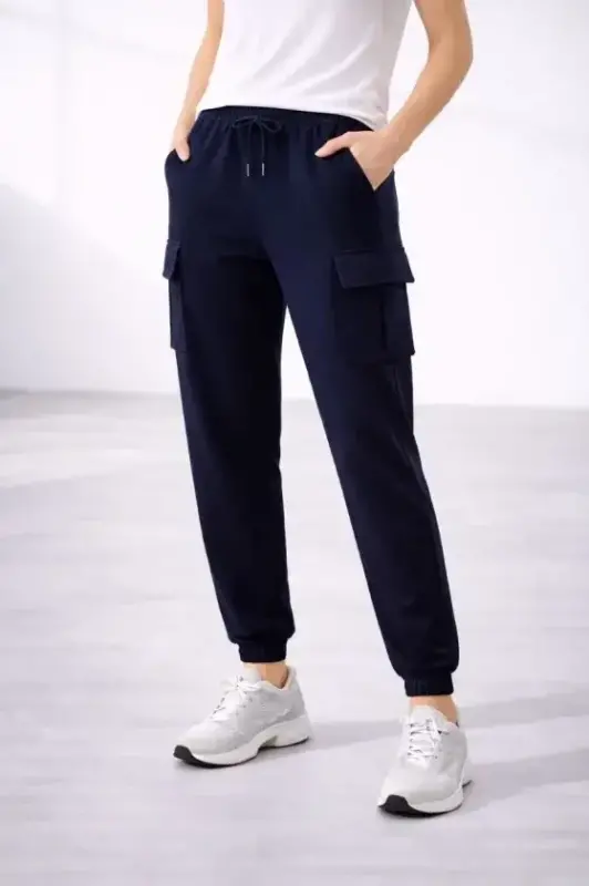 Jogger Eşofman Altı Rahat Kalıp, Kargo Cepli, Lastikli Paça, Günlük Spor Pantolon - Lacivert - BÜYÜKBEDENIZ