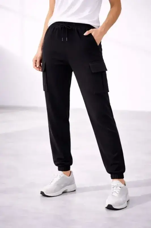 Jogger Eşofman Altı Rahat Kalıp, Kargo Cepli, Lastikli Paça, Günlük Spor Pantolon - Siyah - 4