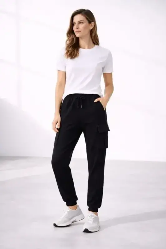Jogger Eşofman Altı Rahat Kalıp, Kargo Cepli, Lastikli Paça, Günlük Spor Pantolon - Siyah - BÜYÜKBEDENIZ