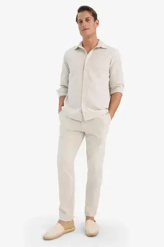 %100 Pamuk Yazlık Beli Lastikli Jogger Pantolon Slim Fit Dar Kesim Düz Paça Cepli D2671ax24au-Bej - 1