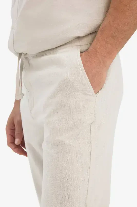 %100 Pamuk Yazlık Beli Lastikli Jogger Pantolon Slim Fit Dar Kesim Düz Paça Cepli D2671ax24au-Bej - 4