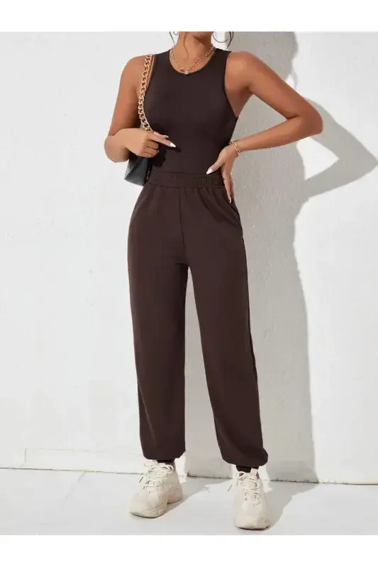 Jogger Sweatpants - Brown Elastic Hem High Waist Winter-Brown - 1