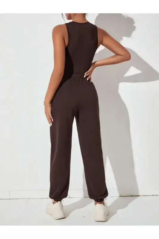 Jogger Sweatpants - Brown Elastic Hem High Waist Winter-Brown - 3