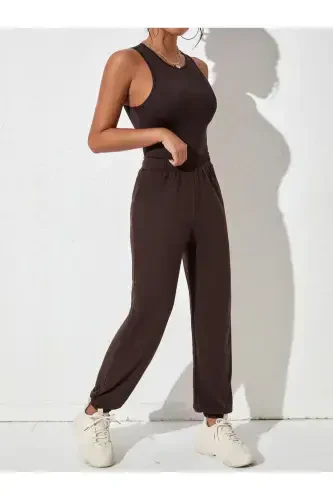 Jogger Sweatpants - Brown Elastic Hem High Waist Winter-Brown - 4