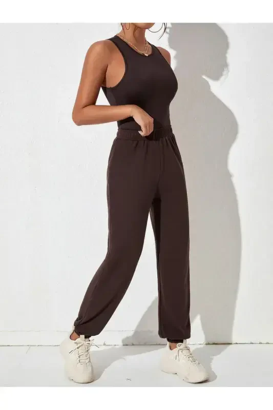 Jogger Sweatpants - Brown Elastic Hem High Waist Winter-Brown - 4