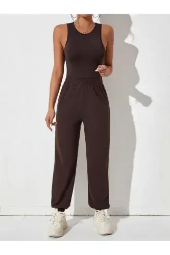 Jogger Sweatpants - Brown Elastic Hem High Waist Winter-Brown - 5