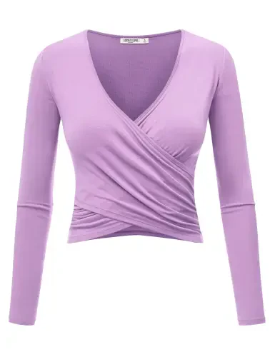 Made by Johnny Women's Deep V Neck Long Sleeve Cross Wrap Fitted Crop Top XL LILAC- - Modazone (1)