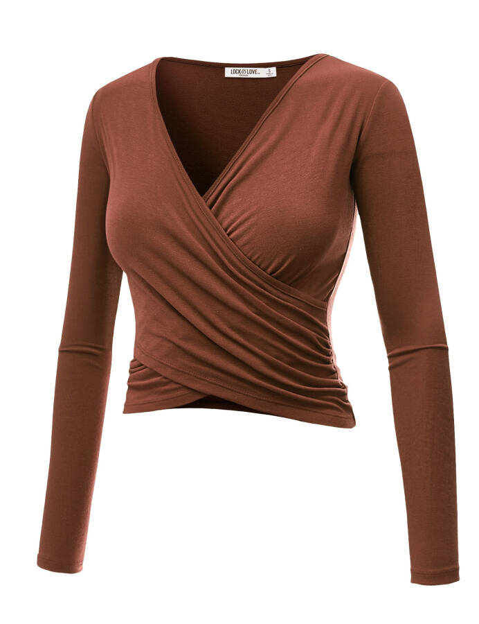 Made by Johnny Women's Deep V Neck Long Sleeve Cross Wrap Fitted Crop Top XXL RUST- - 2