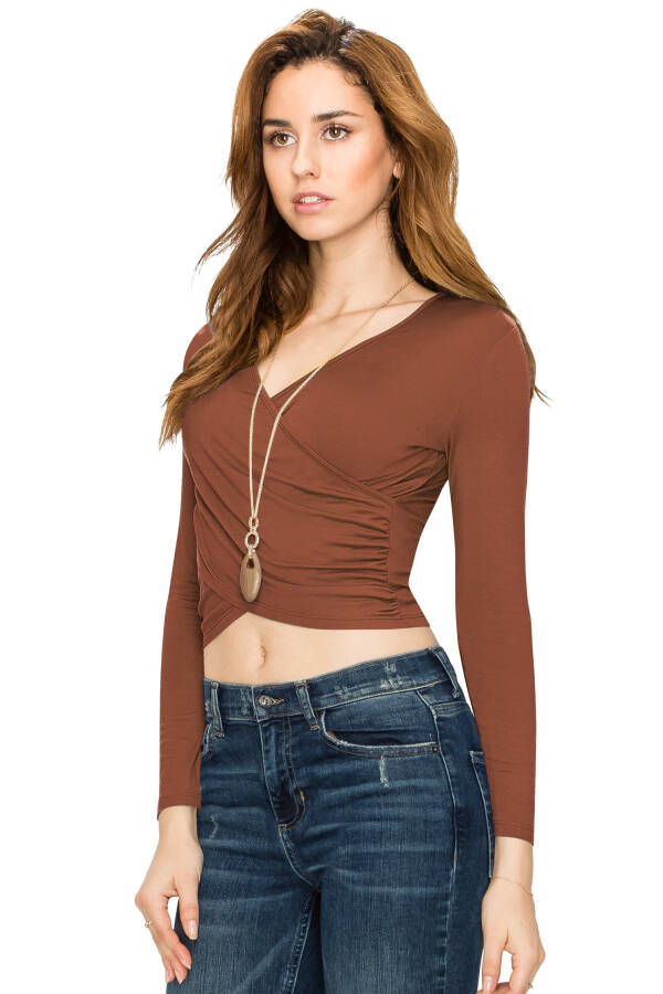 Made by Johnny Women's Deep V Neck Long Sleeve Cross Wrap Fitted Crop Top XXL RUST- - 4