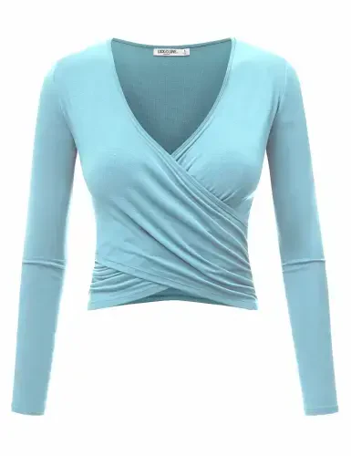 Made by Johnny Women's Deep V Neck Long Sleeve Cross Wrap Fitted Crop Top L AQUA- - MADE BY JOHNNY (1)
