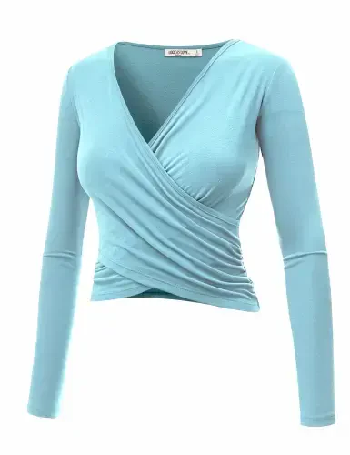 Made by Johnny Women's Deep V Neck Long Sleeve Cross Wrap Fitted Crop Top L AQUA- - 3