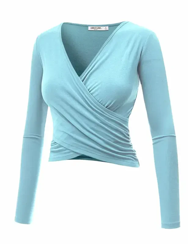Made by Johnny Women's Deep V Neck Long Sleeve Cross Wrap Fitted Crop Top L AQUA- - 3