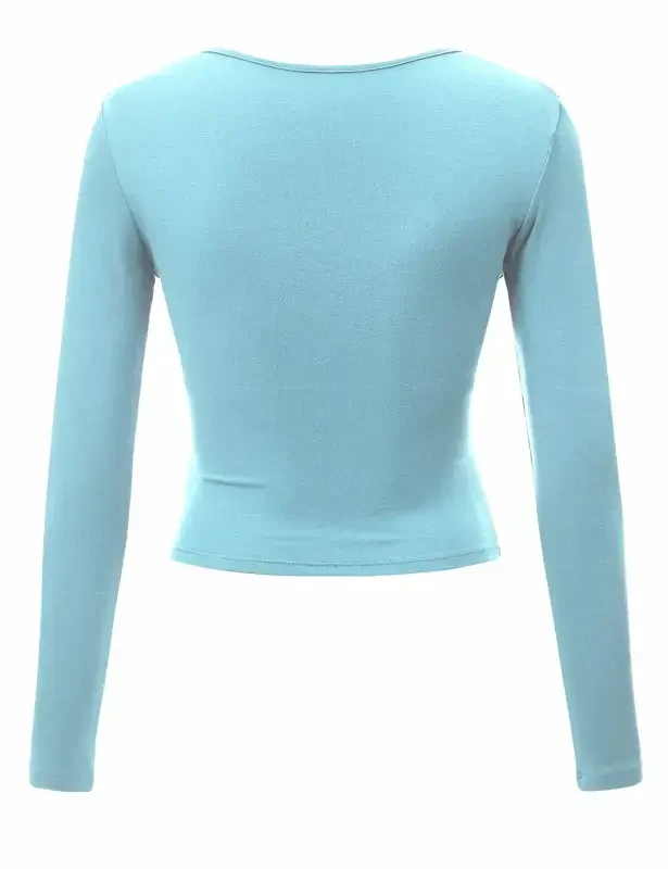 Made by Johnny Women's Deep V Neck Long Sleeve Cross Wrap Fitted Crop Top L AQUA- - 4
