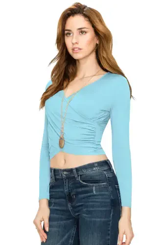 Made by Johnny Women's Deep V Neck Long Sleeve Cross Wrap Fitted Crop Top L AQUA- - 5
