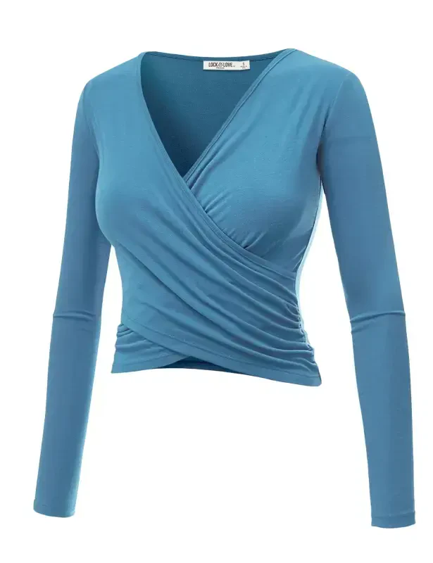 Made by Johnny Women's Deep V Neck Long Sleeve Cross Wrap Fitted Crop Top M DENIM- - 3