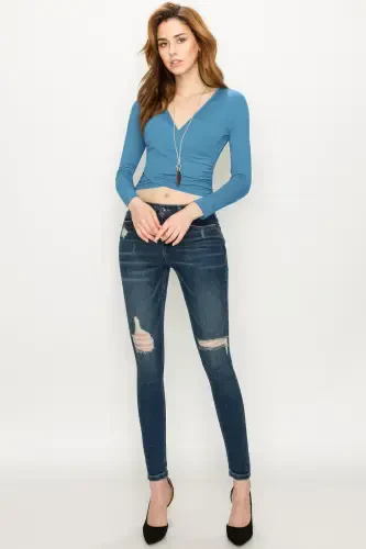 Made by Johnny Women's Deep V Neck Long Sleeve Cross Wrap Fitted Crop Top M DENIM- - 6