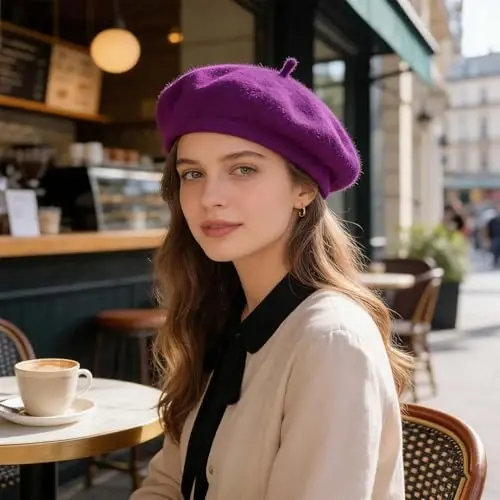 Jolbndcv 6PCS Beret, French Beanie, Outdoor, Winter, Fashion Lady Hat | One Size Fits Most,Solid Color,Stretchable,for All Season - 5