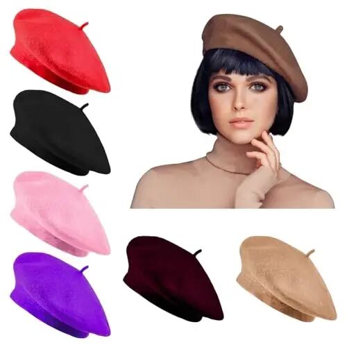 Jolbndcv 6PCS Beret, French Beanie, Outdoor, Winter, Fashion Lady Hat | One Size Fits Most,Solid Color,Stretchable,for All Season - Jolbndcv