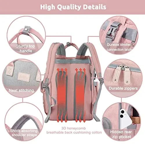 JOLLITO Baby Diaper Bag Backpack with Changing Station, Large Capacity, Stroller Straps and USB Charging Port, Baby Registry Search for Boys & Girls - 5